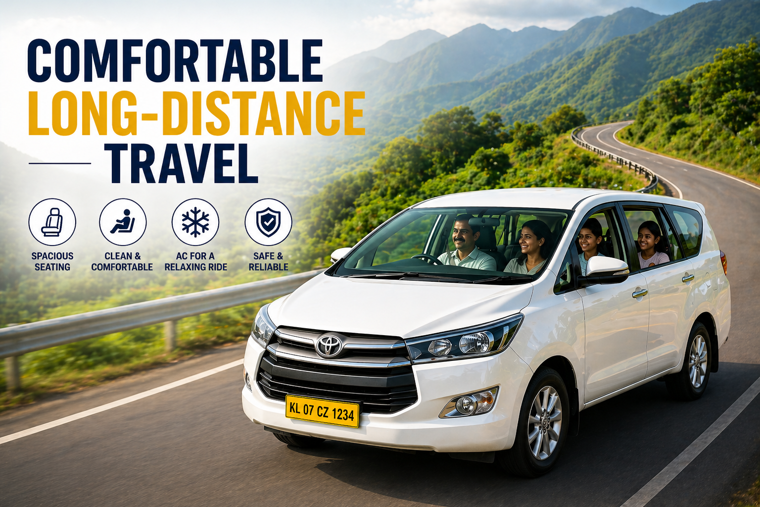 Comfortable long distance taxi travel in Kerala with clean cars, spacious seating and professional drivers for outstation trips