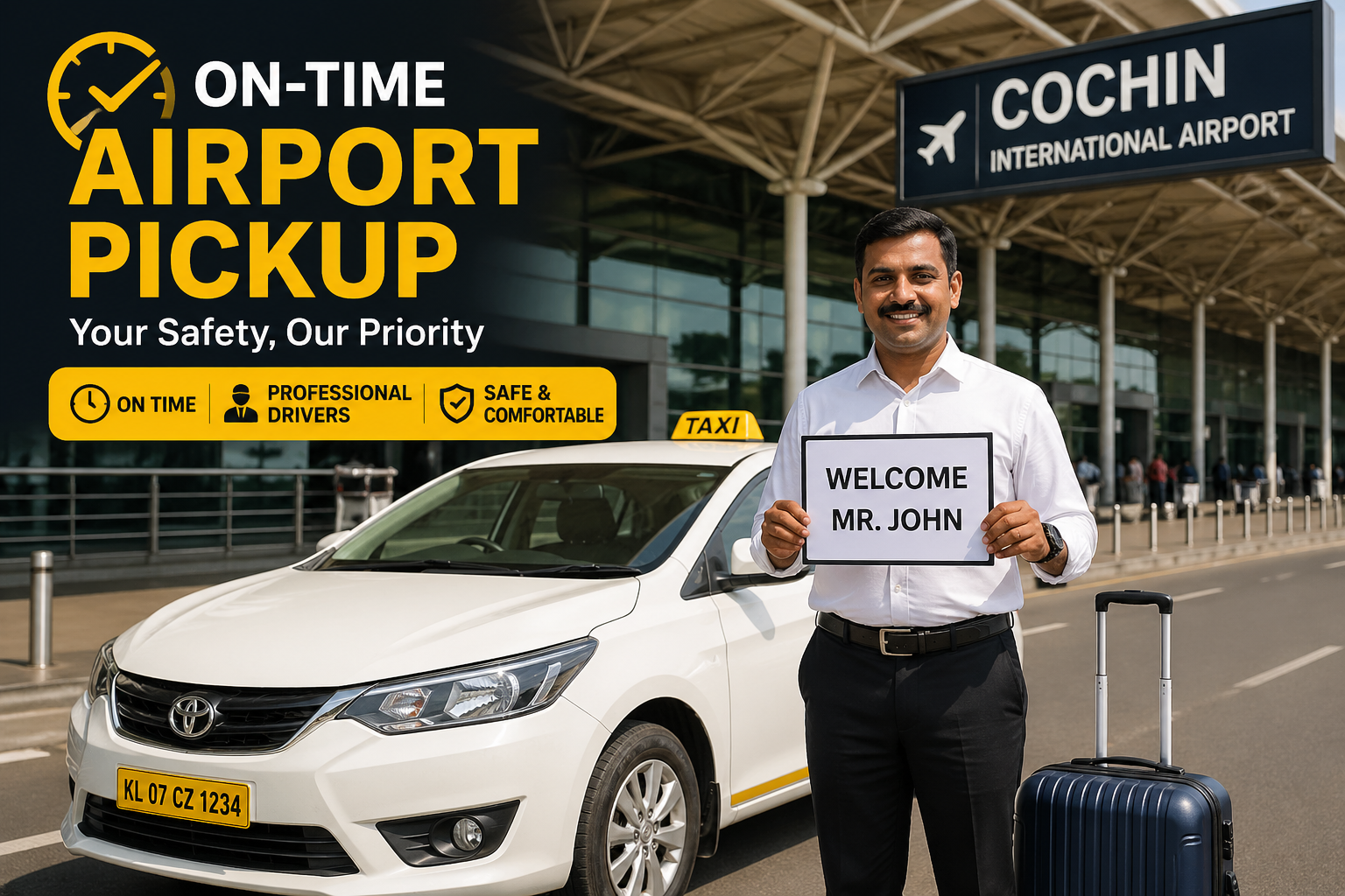 On time Kochi airport taxi pickup with professional driver at Cochin International Airport